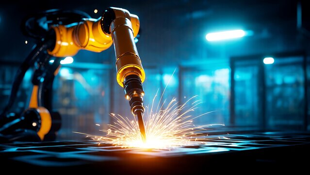 Industrial robotic arm welding metal with precision in futuristic factory seamlessly looping 4k time-lapse animation video background. Technology concept