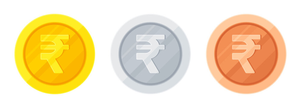 Set of gold, silver and copper coins with Indian rupee sign (₹). Economy, finance, investment, profit, money, INR currency concept. Flat vector illustration isolated on white background	
