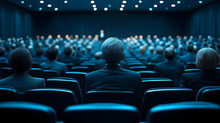 Audience Members Sit in a Darkened Auditorium Listening to a Speaker on Stage with Dramatic Lighting
