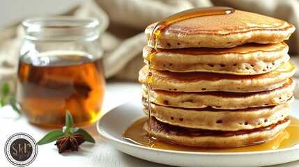 Stack of fluffy pancakes drizzled with syrup on a plate, with a jar of syrup and herbs in the background