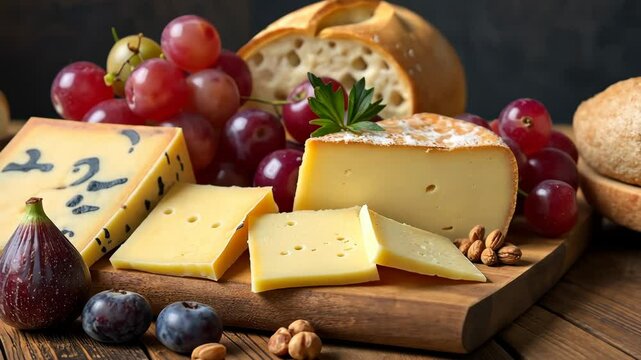 A wooden board with a variety of cheeses and fruits on it. There are slices of cheese and grapes on the board