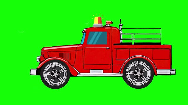 Vintage fire truck, flashing signal light, motion simulation. Green screen, cartoon, animation, footage, mockup, loop, chromakey.