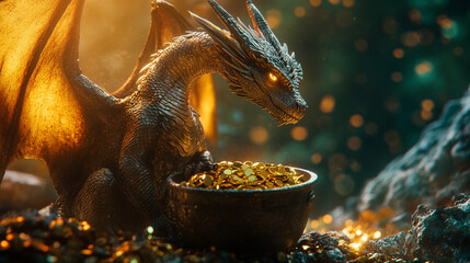 Golden treasure guarded by a majestic dragon amidst a mystical green setting, evoking the spirit of St. Patrick's Day