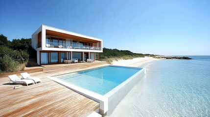 Fototapeta premium Modern Beach House with Infinity Pool Overlooks the Tranquil Ocean on a Sunny Day