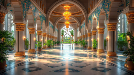 Obraz premium A breathtaking mosque interior with intricate arches, glowing lanterns, and stained glass windows, creating a warm, spiritual atmosphere