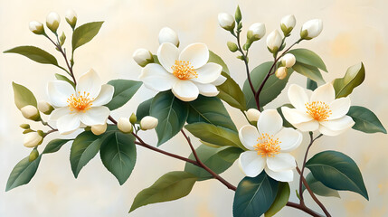 Obraz premium White Flowers Bloom Beautifully on a Branch with Lush Green Leaves on a Soft Beige Background