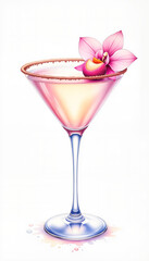 Elegant Lychee Martini cocktail with orchid and sugared rim, artistic delight