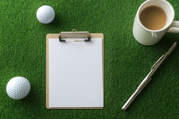 Blank Clipboard Golf Balls Coffee Pen on Green Grass Background Scorecard Mockup