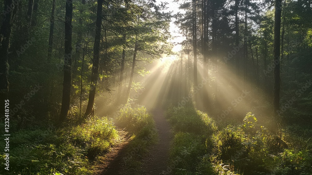 Poster soft beams of sunlight break through a misty forest, illuminating a serene pathway. the tranquil set