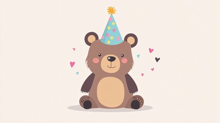 Obraz premium Adorable Bear with Birthday Hat Flat Vector Illustration