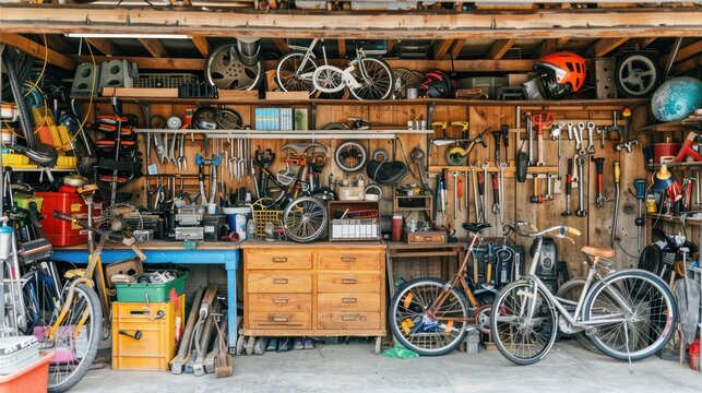 Organized Chaos: A cluttered yet charming workshop filled with tools, bicycles, and various items, showcasing a blend of functionality and rustic charm.