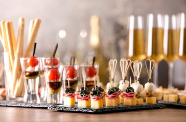 Many different tasty canapes and wine on wooden table against blurred lights
