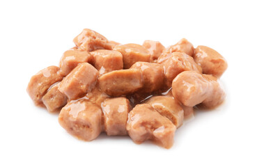 Pieces of wet pet food isolated on white