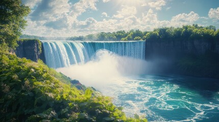 Majestic waterfall cascades, sunny day, lush greenery, powerful currents, nature tourism