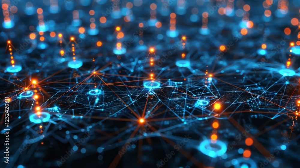 Poster A network of glowing blue and orange lines interconnects a series of data points, illustrating a complex web of digital interactions and technological advancements, set against a dark background.