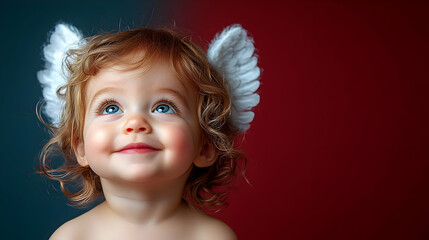 Cute Baby with Angel Wings Looks Upward with a Curious Expression on a Red and Blue Background