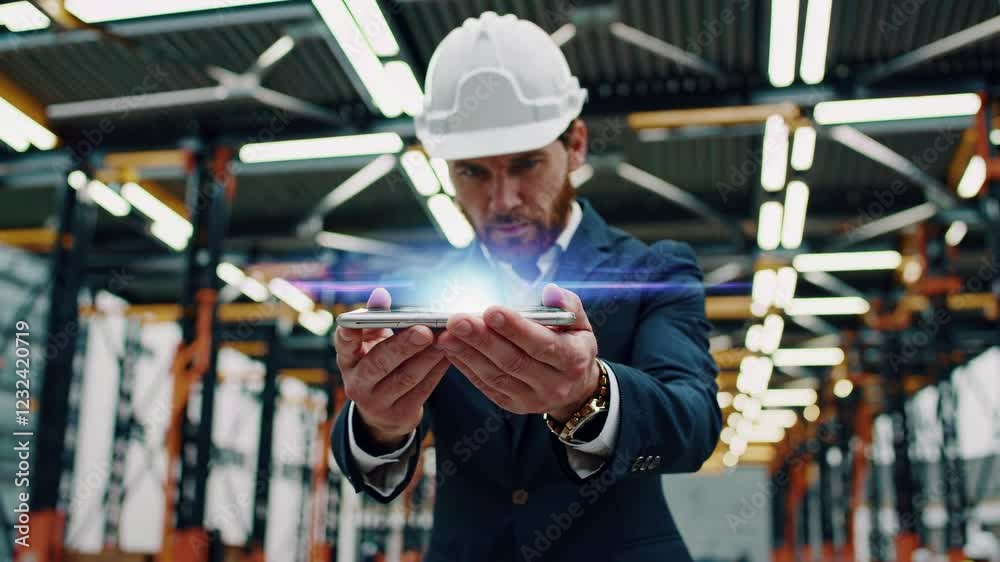 Poster Construction worker utilizing futuristic hologram technology for project planning in a modern building site