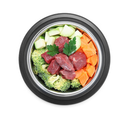Fresh natural pet food in feeding bowl isolated on white, top view