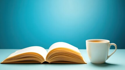 Open book and coffee cup, cozy scene of relaxation, learning, enjoyment soothing