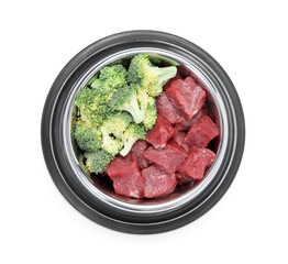 Natural pet food. Cut meat and broccoli in feeding bowl isolated on white, top view