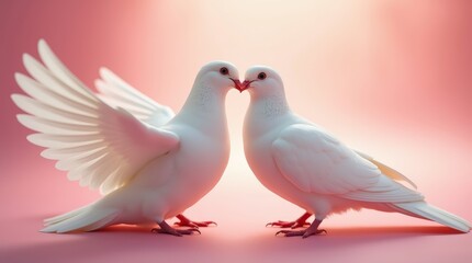 Obraz premium Two beautiful white doves kissing on a soft pink background, perfect for Valentine's Day themes. 