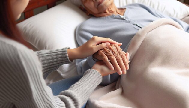 Young hand touching old hand on bed, care for elderly, helping elderly people