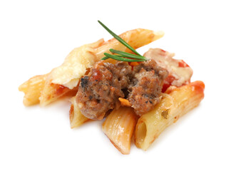 Delicious pasta casserole with cheese, minced meat and rosemary isolated on white