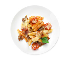 Delicious pasta casserole with cheese, tomatoes and minced meat isolated on white, top view