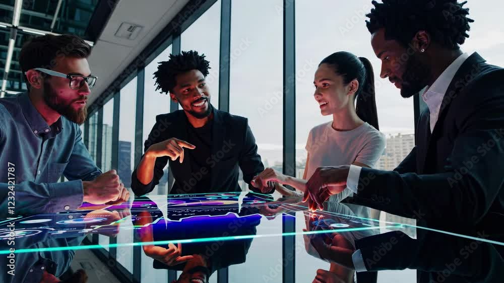 Poster collaboration in a high-tech office showcasing futuristic holographic interfaces and innovative idea