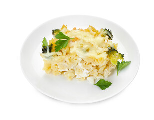 Tasty pasta casserole with cheese and broccoli isolated on white