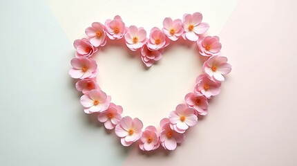 Obraz premium Beautiful heart-shaped floral arrangement of pink flowers on a seamless light pink background.