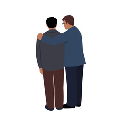 Business man in suit supports colleague. Two adult business men are standing. Back view. Vector color isolated illustration.