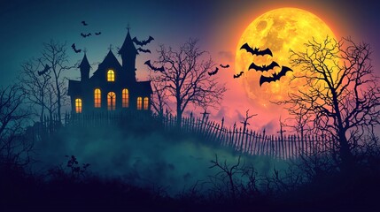 Haunted house, Halloween night, moon, bats, spooky landscape; ideal for Halloween cards