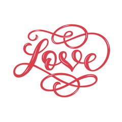 Love vector lettering composition in script hand drawn style with heart and flourish. 3d effect.	