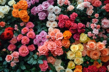 A garden of roses with each bloom a different vibrant color, arranged in a symmetrical pattern, showcasing the diversity and beauty of nature