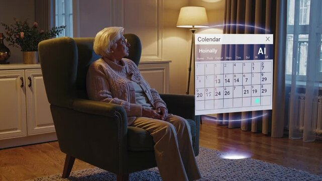 Elderly woman interacts with futuristic hud displaying a digital calendar in her cozy living room