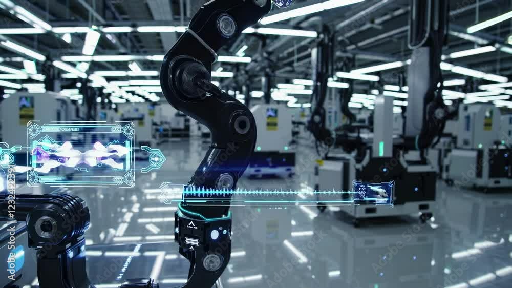Poster exploring a futuristic factory with advanced robotic technology operating in a high-tech environment