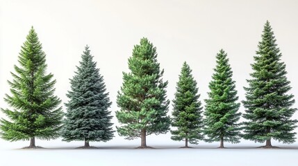 A series of conifer trees of varying heights and shapes isolated on a white background. Generative AI
