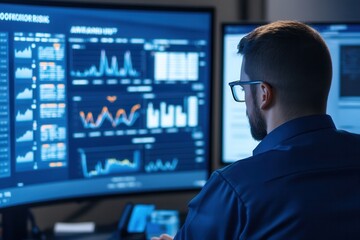 Business continuity planning. Professional analyzing data on multiple screens in a modern workspace.