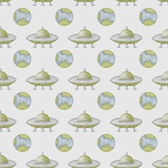 Whimsical watercolor design featuring baby aliens and planets in a seamless pattern