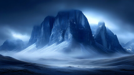 Majestic Blue Mountains Stand Tall Under a Dramatic, Misty Sky at Night, a Landscape of Wonder.