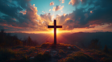 A cross is lit up in the sky above a mountain. The sun is setting, casting a warm glow over the scene. Concept of peace and spirituality, as the cross is a symbol of faith