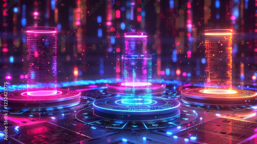Poster Three illuminated towers with vibrant colors stand on circular platforms in a digital landscape filled with colorful lights, creating a high tech atmosphere.