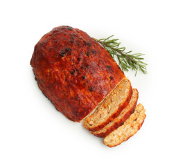 Delicious turkey meatloaf with rosemary isolated on white, top view