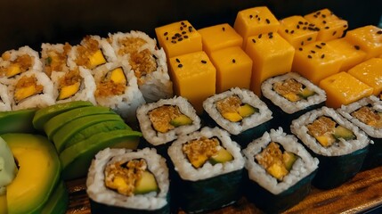 Sushi Platter with Mango and Avocado: A delectable sushi platter featuring a variety of maki rolls, some filled with mango and avocado, alongside cubes of sweet mango and sesame seeds. Fresh, vibrant.