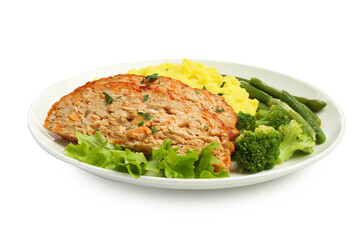 Delicious baked turkey meatloaf, mashed potato and vegetables isolated on white