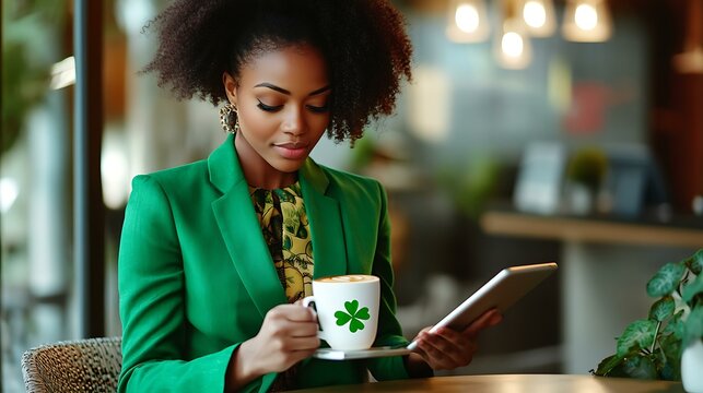 Black entrepreneur in a stylish green suit, enjoying her coffee with a shamrock pattern while working on a tablet