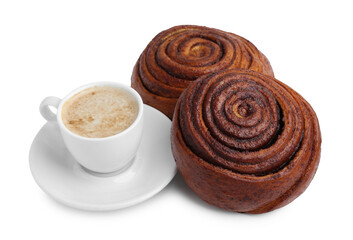 Delicious cinnamon rolls and cup of coffee isolated on white