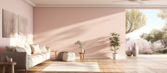 Modern living room with soft pink walls, cozy furniture, and a serene garden view outside