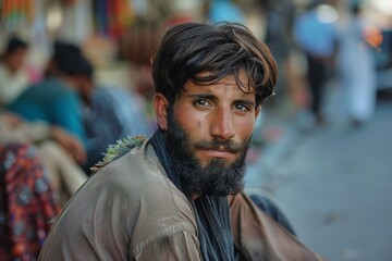 Afghan man with beard and dark hair sitting in a traditional market in afghanistan